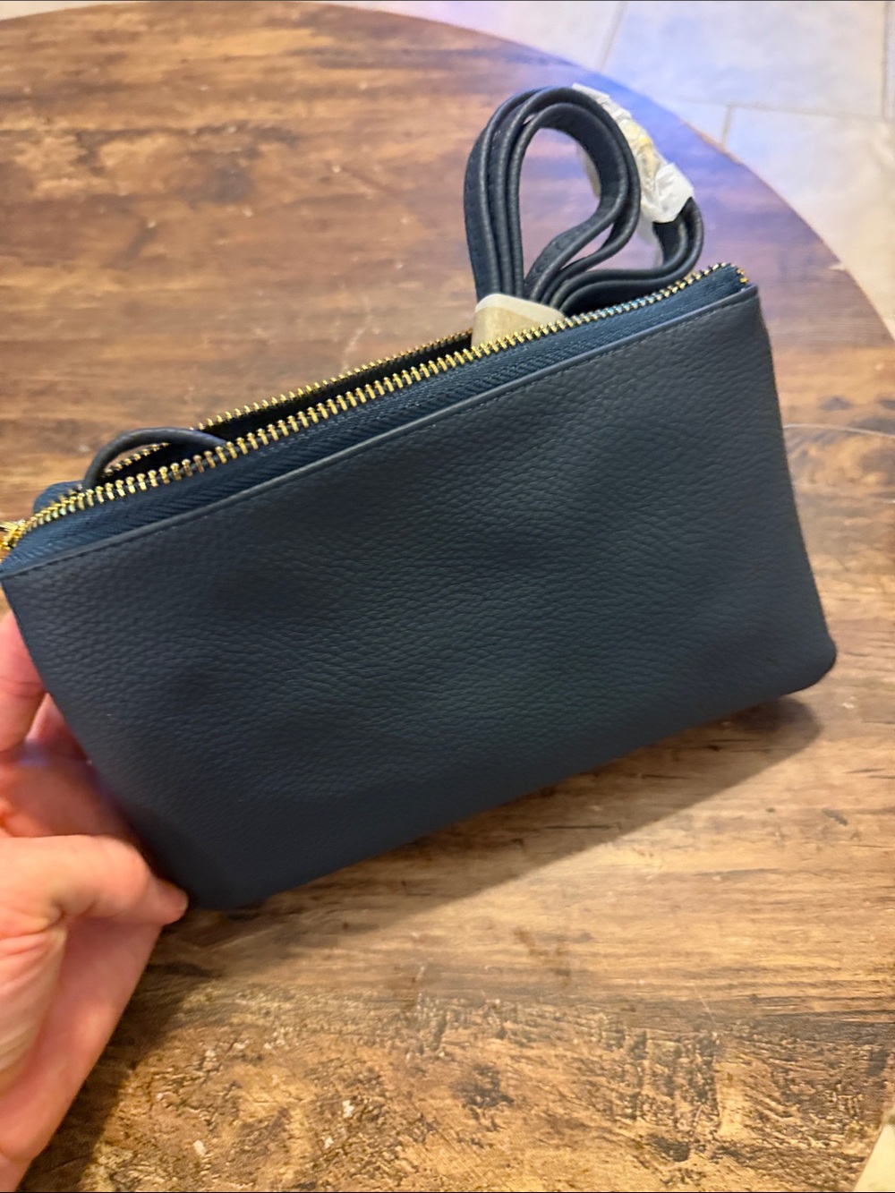 Classic Navy Leather Wristlet Clutch. Shoulder strap included. NWT.